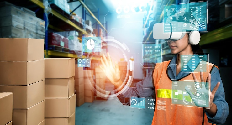 Foto tecnología de realidad virtual del futuro para la gestión innovadora de almacenes de realidad virtual