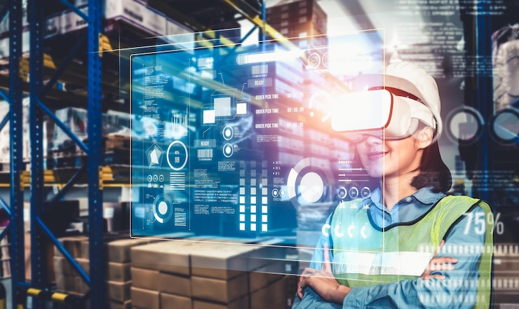 Foto tecnología de realidad virtual del futuro para la gestión innovadora de almacenes de realidad virtual