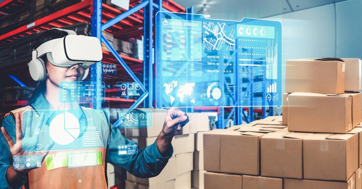 Foto tecnología de realidad virtual del futuro para la gestión innovadora de almacenes de realidad virtual