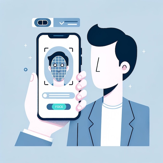 Tecnología de reconocimiento facial de la era de los teléfonos inteligentes con un hombre sosteniendo un gadget en una ilustración plana