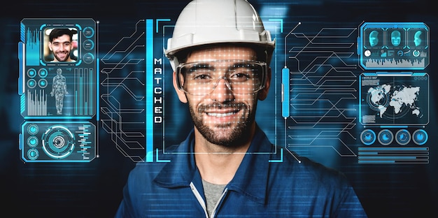 Foto tecnología de reconocimiento facial para que los trabajadores de la industria accedan al control de la máquina