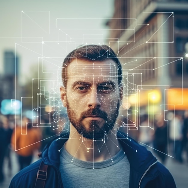 La tecnología de reconocimiento facial sobresale en la detección de la cara de un hombre dentro de una multitud de análisis de big data
