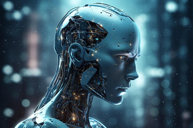 Tecnología de renderizado 3D, análisis de datos robóticos o cyborg futurista con inteligencia artificial