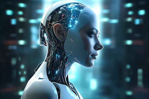 Tecnología de renderizado 3D, análisis de datos robóticos o cyborg futurista con inteligencia artificial