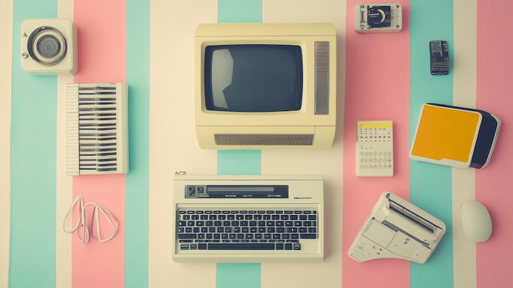 Foto tecnología retro plana con teclado de monitor de computadora y cinta de cassette sobre un fondo colorido