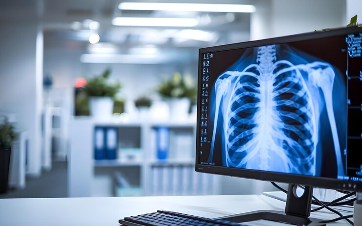Tecnología de la salud Imagen de rayos X en la pantalla de la computadora en la oficina médica