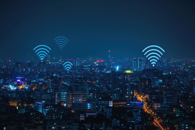 Tecnologia sem fios na cidade moderna à noite