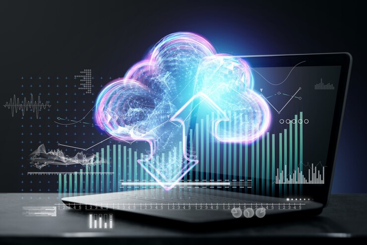 Foto tecnología de transferencia de datos, tecnología de nube con iconos de servicio de nube virtual y holograma de nube en el fondo de la computadora portátil. concepto de tecnología, almacenamiento de datos, futuro. exposición doble.