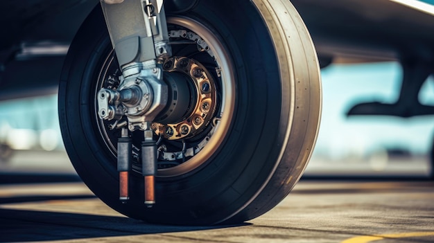 Tecnología del tren de aterrizaje e ingeniería aeroespacial un primer plano de las ruedas y las pastillas de freno de los aviones de combate