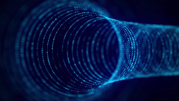 Tecnología túnel de círculo de marco de alambre en fondo azul cuadrícula de agujero de gusano 3D futurista Visualización de grandes datos renderización 3D