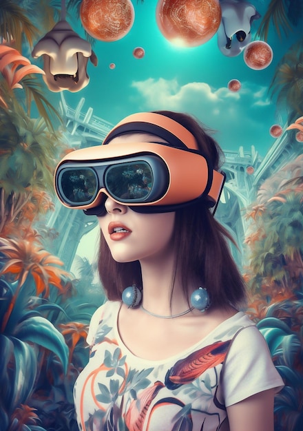 Tecnología de viajes mujer gafas digitales vr abstracto ciencia virtual realidad futura IA generativa