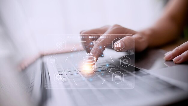 Tecnología de visualización de big data y análisis con científico analizando la estructura de la información en la pantalla con aprendizaje automático para extraer predicciones para las finanzas empresariales Internet de las cosas