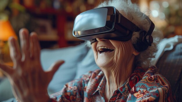 Foto tecnologia vr mulher idosa usa óculos de realidade virtual e sorri de alegria enquanto estende a mão