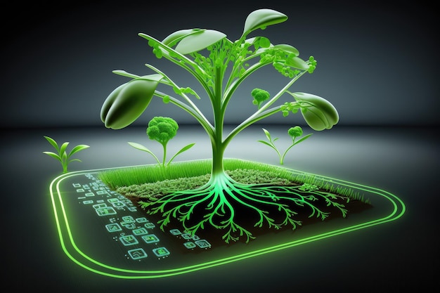 Tecnologias agrícolas hoje Brotos verdes e símbolos