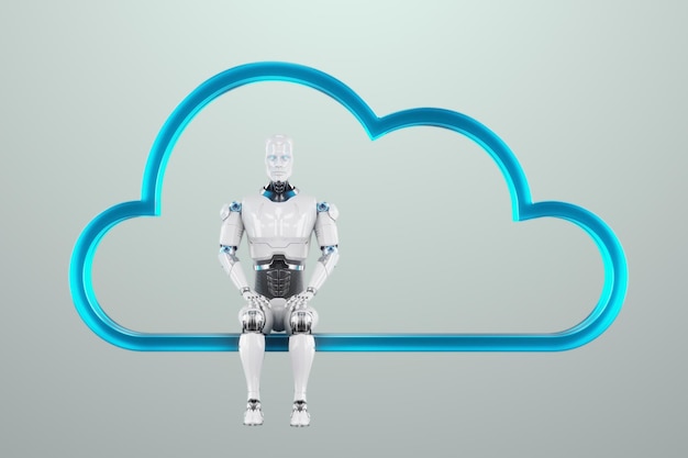 Tecnologias de armazenamento e download de transferência de dados baseadas na nuvem O robô senta-se na nuvem digital