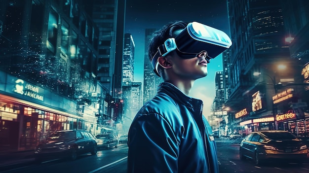Tecnologias de realidade virtual e aumentada Homem com óculos no ciberespaço IA gerativa