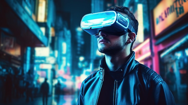 Tecnologias de realidade virtual e aumentada Homem com óculos no ciberespaço IA gerativa