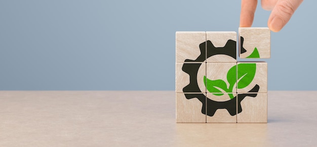 Foto tecnologias ecológicas poupar energia energia verde reduzir a pegada de carbono captura de carbono cubos de madeira com com engrenagem e folha verde ícone espaço de cópia