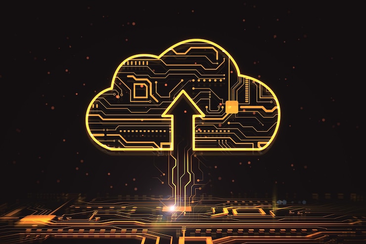 Foto tecnologías en la nube y concepto de almacenamiento de datos con señal de nube digital con flecha hacia arriba y circuito interior conectado a la placa base en representación 3d de fondo oscuro
