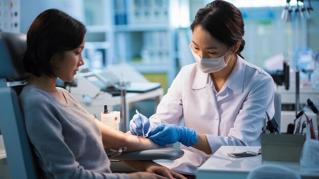 Tecnólogo médico haciendo un servicio de extracción de sangre para el asistente de laboratorio del paciente con guante de goma estéril