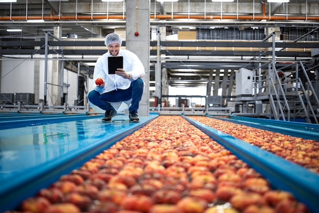 Tecnólogo de pie en la fábrica de procesamiento de alimentos y control de la calidad de la fruta de manzana.