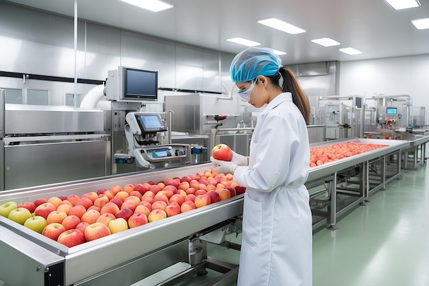 Foto tecnólogo que controla la calidad de la producción de manzanas en una planta de procesamiento de alimentos