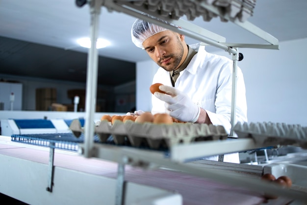 Tecnólogo en ropa esterilizada, redecilla y guantes higiénicos controlando la producción de huevos industriales en fábrica de alimentos.