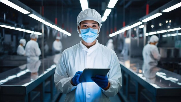 Tecnólogo en uniforme de protección blanco sosteniendo la tableta y controlando la producción de alimentos en los procesos