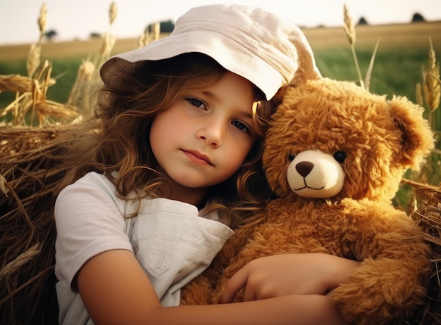 Teddy Bear picnic niño feliz niña niño sosteniendo un juguete esponjoso con una mano pequeña sentada en la hierba