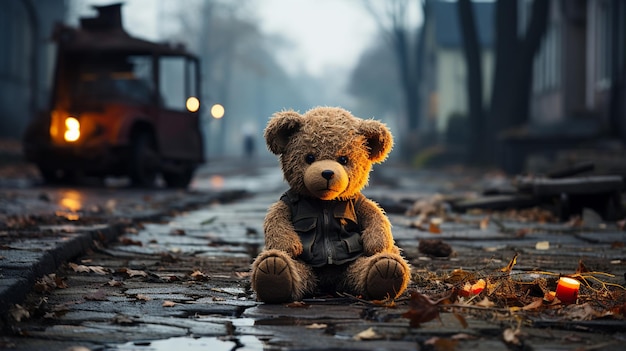 Teddybär auf der Straße nach dem Regen