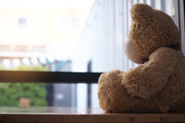 Teddybär, der das Hausfenster allein betrachtend sitzt.