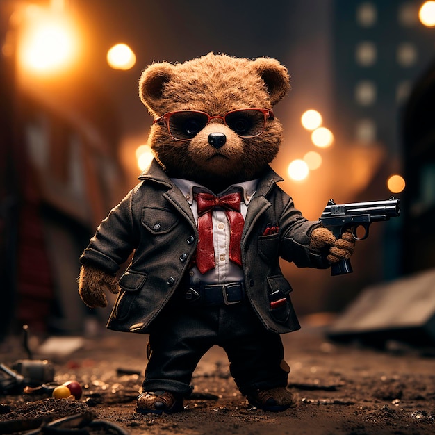 Teddybär Gangster bewaffneter Bandit Spielzeugbär in einer schwarzen Jacke mit einer Waffe