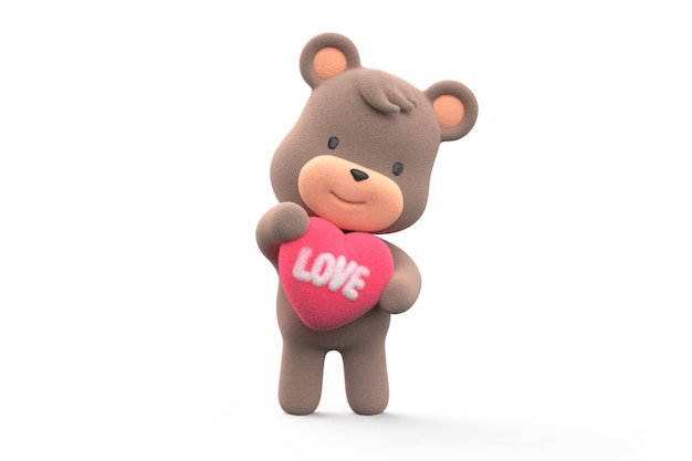 Teddybär hält ein Herz mit dem Wort Liebe darauf geschrieben 3D Render