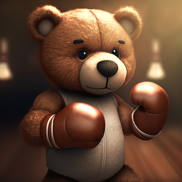 Teddybär in Boxhandschuhen beim Training 3D-Rendering. Rasterabbildung