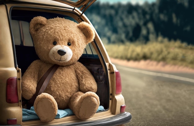 Teddybär in einem Auto auf der Straße Reisetourismuskonzept Generative KI