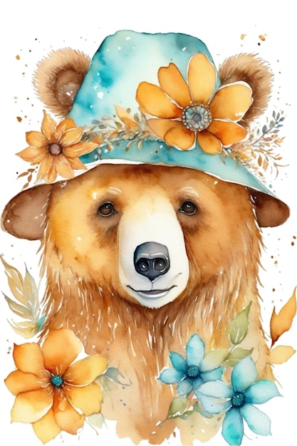 Teddybär in einem Boho-Hut auf weißem Hintergrund