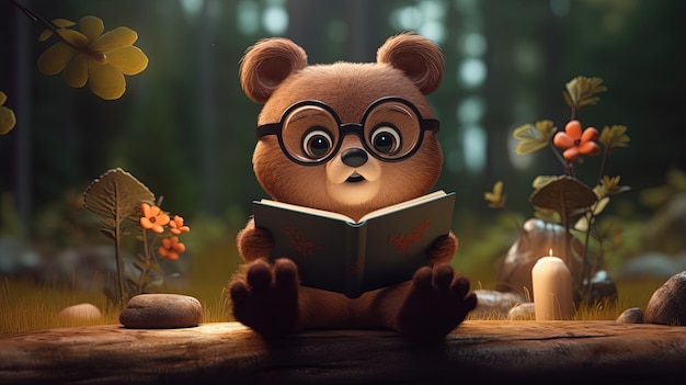 Teddybär-Lesung konzentrierte sich sehr auf das Buch, das auf einem Baumstamm im Wald 3d saß