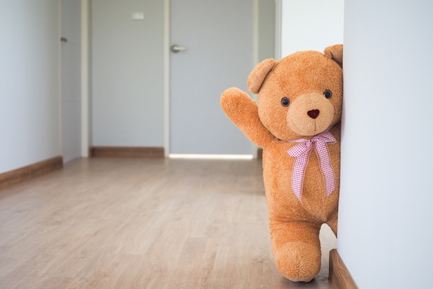 Teddybär mit braunen Haaren hinter offener Tür. Hintergrund für Kinder spielen Teddybär