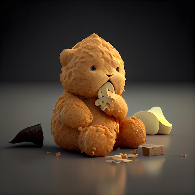 Teddybär mit einem Stück Käse auf dunklem Hintergrund, 3D-Illustration