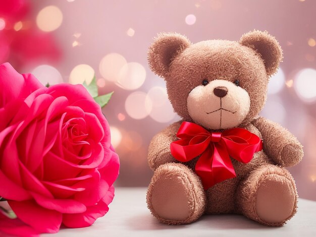 Teddybär mit Geschenkkiste und Rose auf Bokeh-Hintergrund