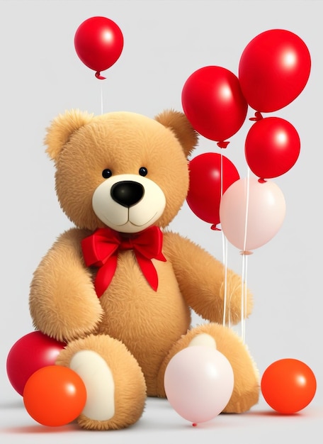 Teddybär mit herzförmigen Luftballons. Bär zum Valentinstag. Kuschelbär