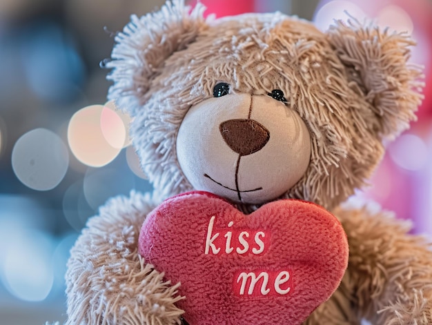 Foto teddybär mit kiss me heart auf bokeh-hintergrund valentinstagskonzept