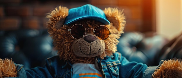 Teddybär mit Persönlichkeit in filmischer Foto-blauer Mütze und Trikot