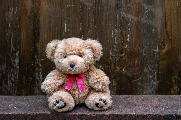 Teddybär mit rosa Schleife sitzt im Freien auf dem Holzhintergrund