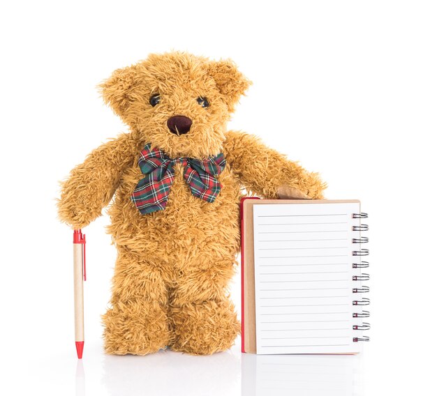 Teddybär mit Stift und leerem Notizbuch