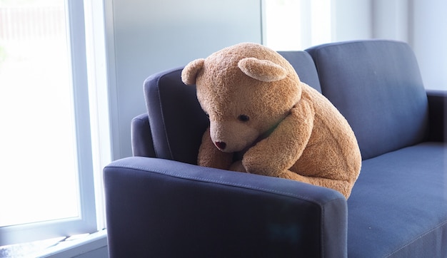 Teddybär sitzt allein auf dem Sofa