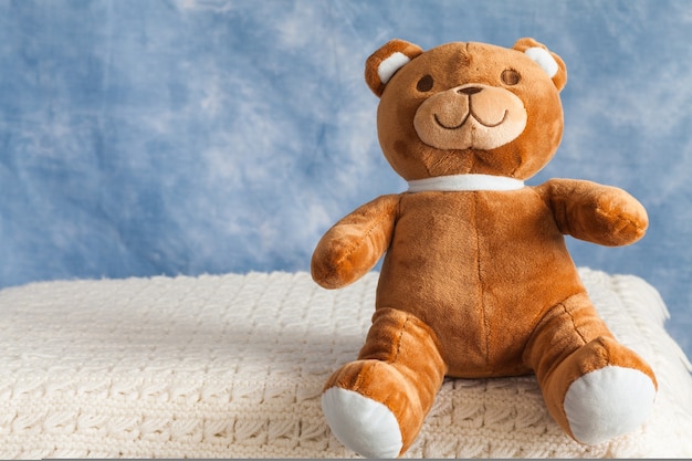 Teddybär-Spielzeug auf blauem Himmelshintergrund mit Exemplar