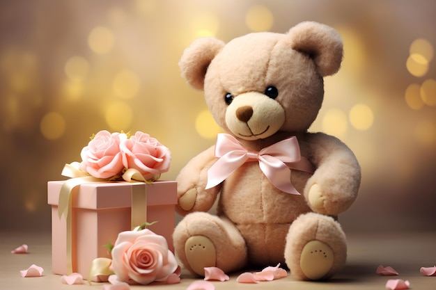 Teddybär und Rosen in einer Schachtel auf weichem Hintergrund Konzept Romantik Requisiten Setup Teddybären Fotografie Blumenarrangements Weiche Hintergründe