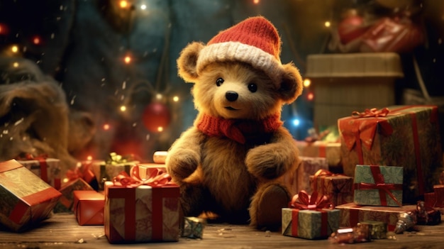 Teddybär und Weihnachtsgeschenkbox