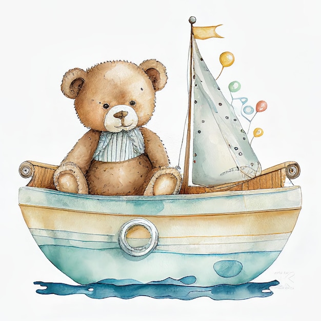 Teddybär-Zeichnung, die auf einem Schiffs-Aquarell schwimmt Generative KI